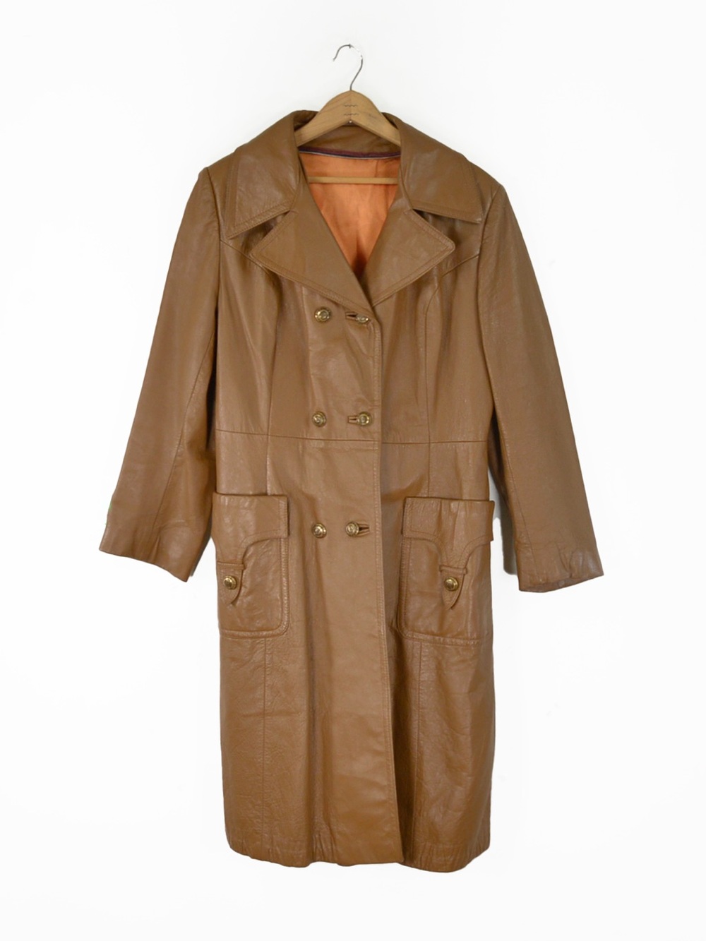 Vintage 70s Camel Cognac Leather Trench Coat Double Breasted Boho Duster Jacet